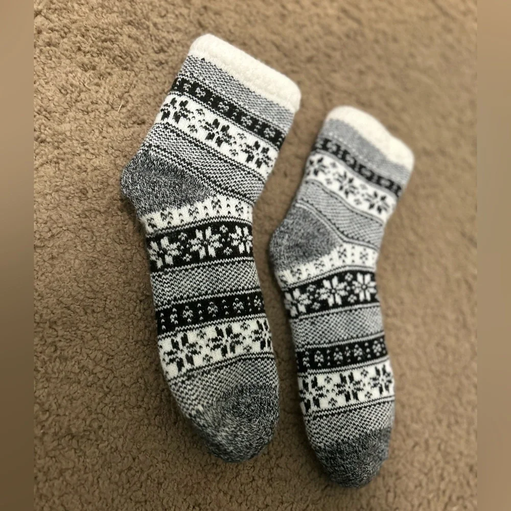 Soft Fuzzy Above Ankle Socks Black White Striped Patterenrd Cozy Warm